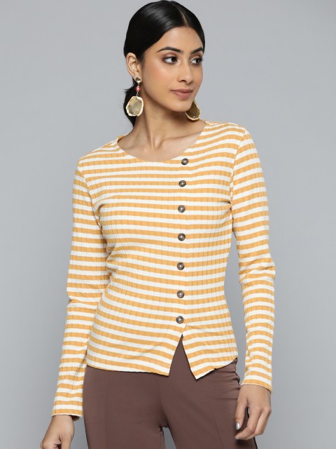 

VividArtsy Mustard Yellow & White Striped Cotton Top