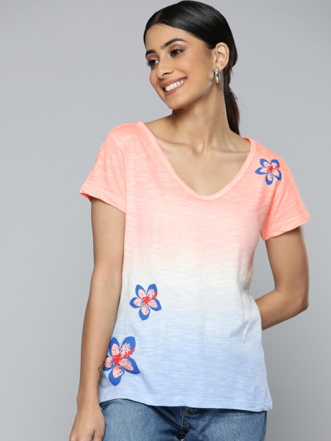 

VividArtsy Women Peach-Coloured & Blue Dyed V-Neck Cotton T-shirt