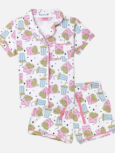 

R&B Girls White & Pink Printed Night suit