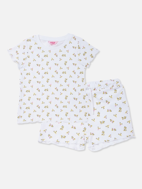 

R&B Girls White & Yellow Printed Cotton Night suit