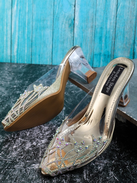 

LONDON STEPS Gold-Toned & Transparent Embellished Block Pumps