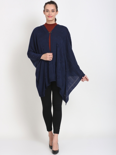 

Knitstudio Women Navy Blue Self Design Knitted Shawl with pearl ornamentation.