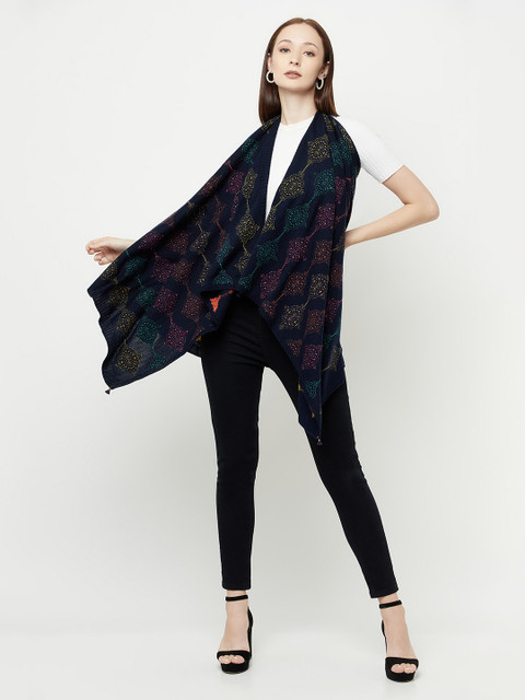 

Knitstudio Women Navy Blue Self-Design Knitted Shawl