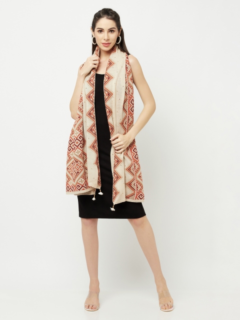 

Knitstudio Women Beige & Red Self Design Knitted Shawl
