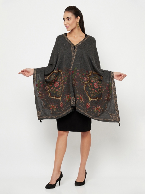 

Knitstudio Women Grey & Red Woven Design Botanical Printed Woolen Shawl
