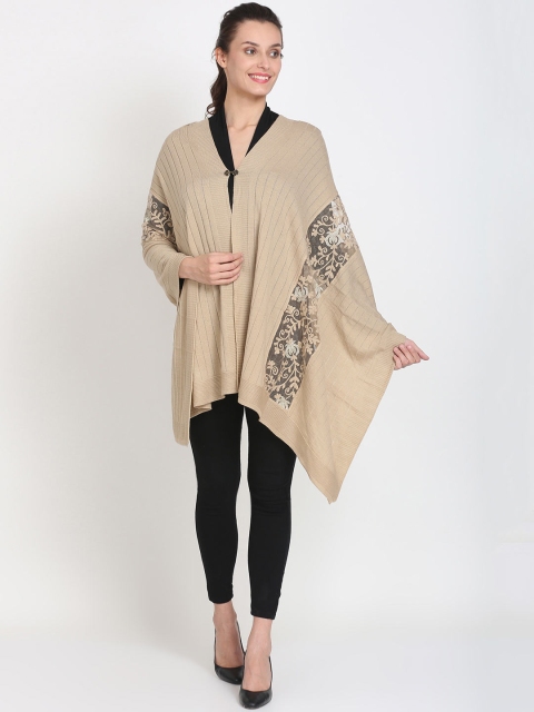 

Knitstudio Women Beige Self-Design Embroidered Knitted Shawl