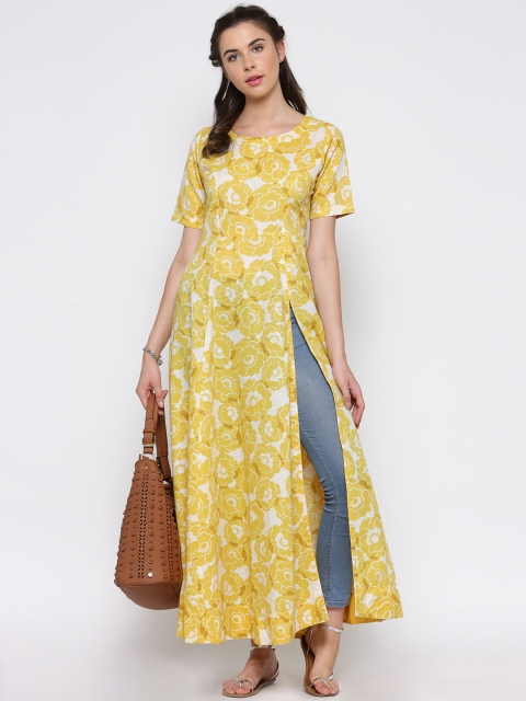 

Sera Women Yellow Printed Linen A-Line Kurta