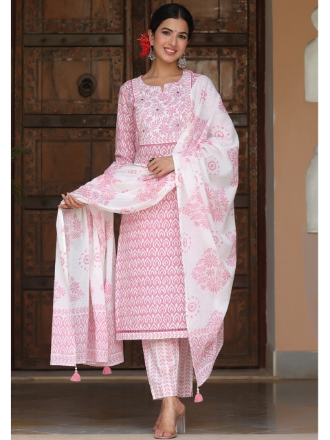 

PIROH Women Pink Floral Printed Kurta with Trousers & With Dupatta