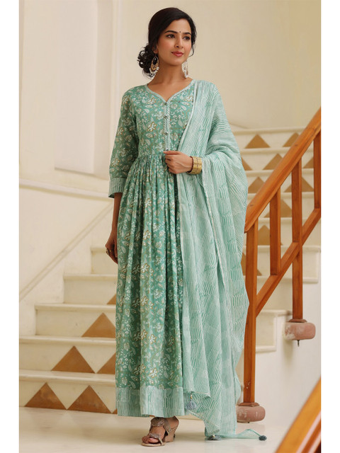 

PIROH Blue & green eyes Ethnic A-Line Maxi Dress with Dupatta