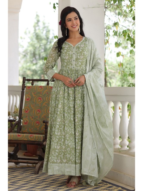 

PIROH Green & spray green Floral Ethnic Maxi Dress with Dupatta