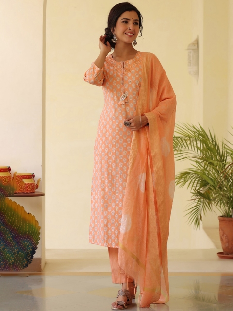 

PIROH Women Peach-Coloured Ethnic Motifs Printed Pure Cotton Kurta with Trouser & Dupatta