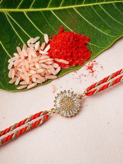 

Ferosh Gold-Toned & Red D Alphabet Rhinestone Rakhi