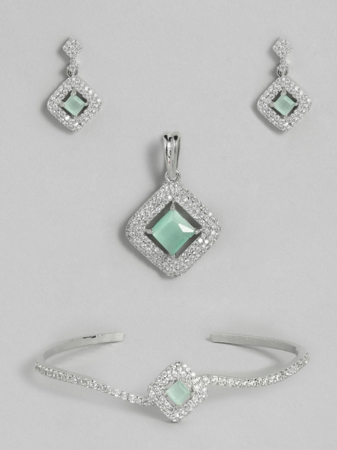 

Onaifa Silver-Plated Mint Green AD Studded Pendant Set