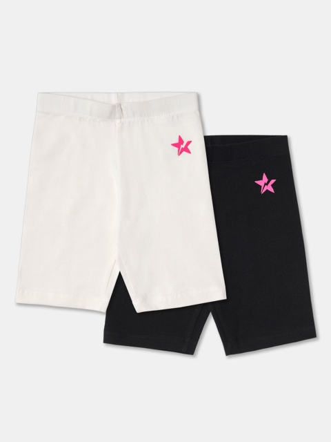 

R&B Girls Set Of 2 White & Black Regular Fit Solid Cotton Shorts