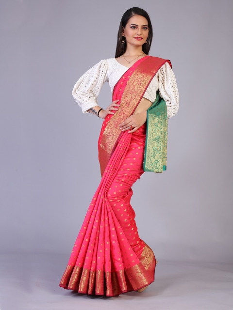 

PRENEA Pink & Green Embellished Zari Silk Blend Banarasi Saree