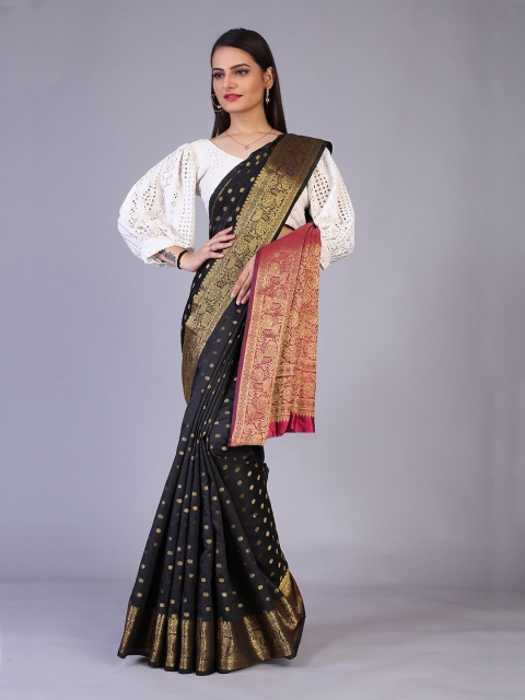 

PRENEA Black & Pink Woven Design Silk Blend Banarasi Saree