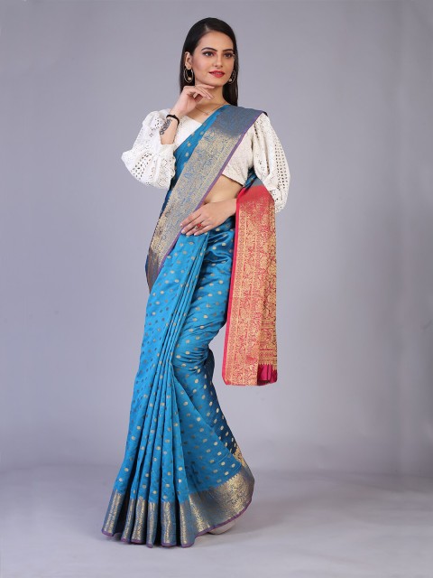 

PRENEA Teal Blue & Red Ethnic Motifs Zari Silk Blend Banarasi Saree
