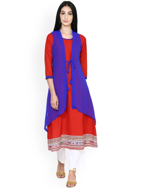 

Ayaany Women Red & Blue Printed A-Line Kurta with Shrug