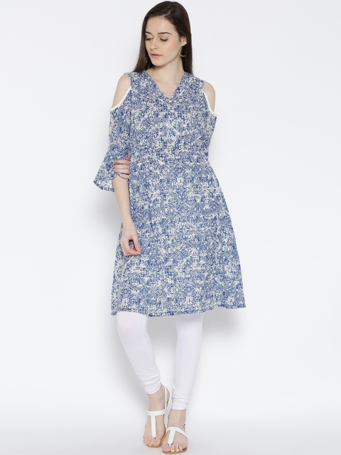 

Ayaany Women Blue & Off-White Printed A-Line Kurta