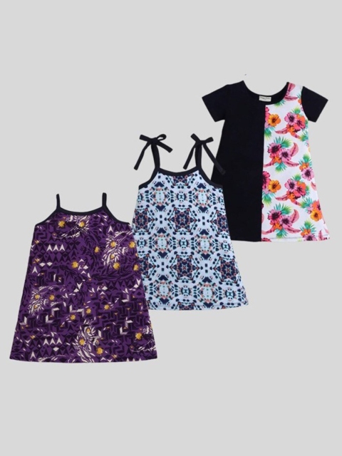 

CrayonFlakes Multicoloured Pack Of 3 Floral A-Line Dress, Violet