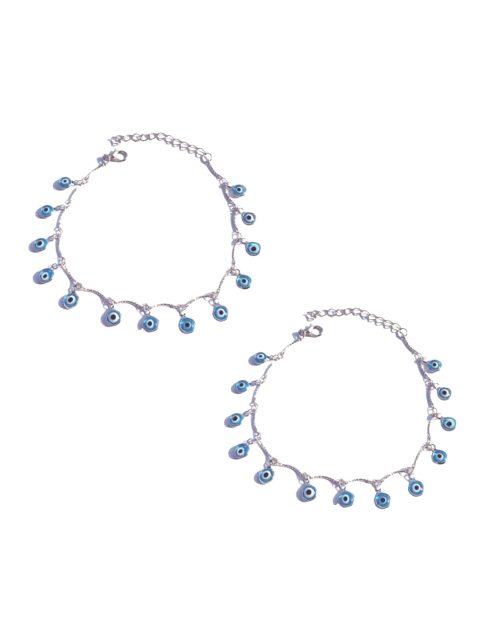 

FemNmas Set Of 2 Silver-Toned & Blue Evil Eye Anklet