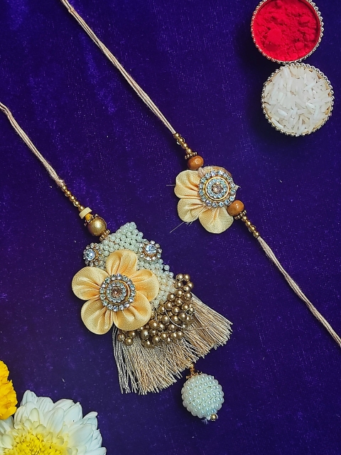 

CRAYTON Set of 2 Yellow & Gold-Toned Beaded Floral Bhaiya Bhabhi Rakhi Set