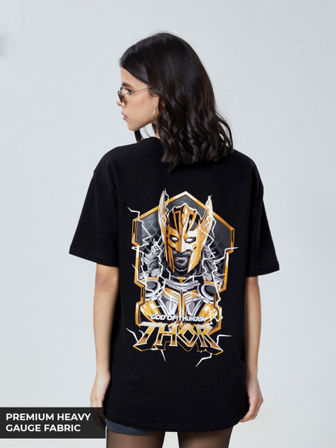 

The Souled Store Women Black V-Neck Drop-Shoulder Sleeves Applique Loose T-shirt