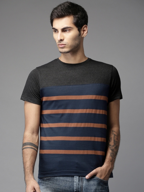 

Moda Rapido Men Navy Blue & Rust Red Striped Round Neck T-shirt
