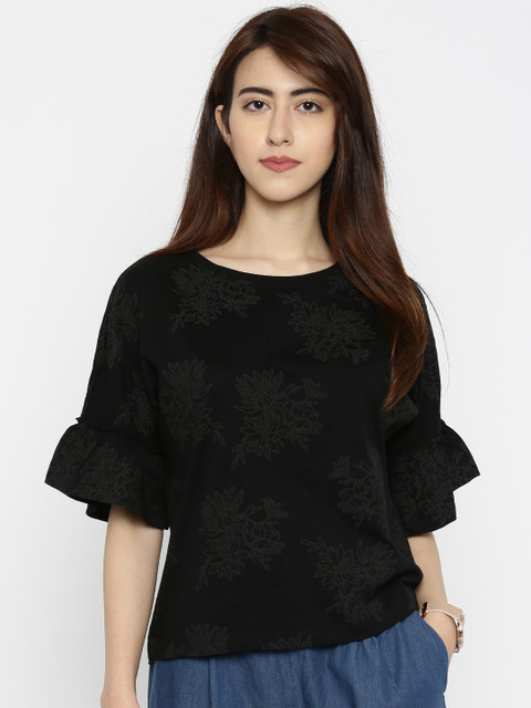 

ONLY Women Black Self Design Boxy Top