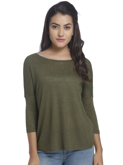 

ONLY Women Olive Green Solid High-Low Top