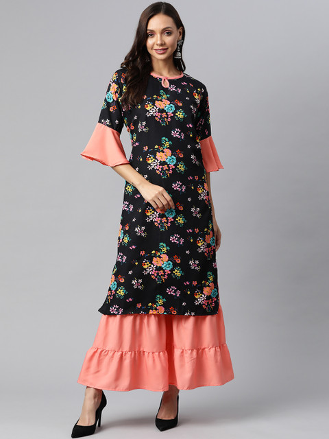 

Fashion FRICKS Women Black & Navy Blue Ethnic Motifs Printed Keyhole Neck Bell Sleeves Kurta