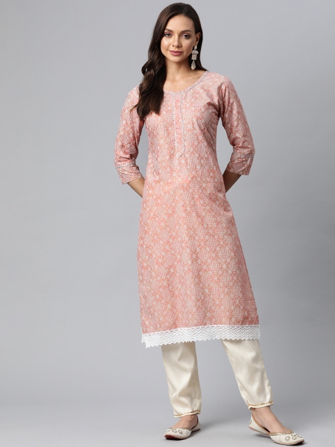 

Fashion FRICKS Women Peach-Coloured & White Ethnic Motifs Printed Gotta Patti Kurta