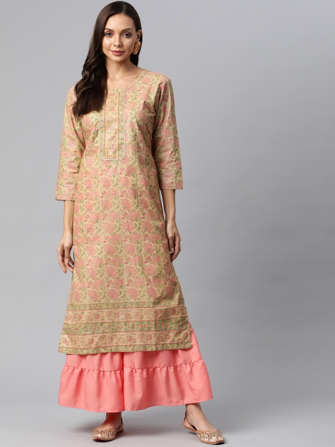 

Fashion FRICKS Women Beige & Pink Ethnic Motifs Printed Kurta