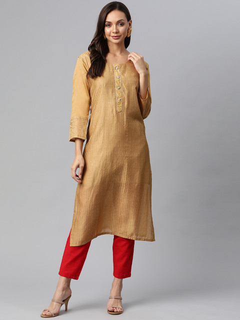 

Fashion FRICKS Women Beige Striped Kurta