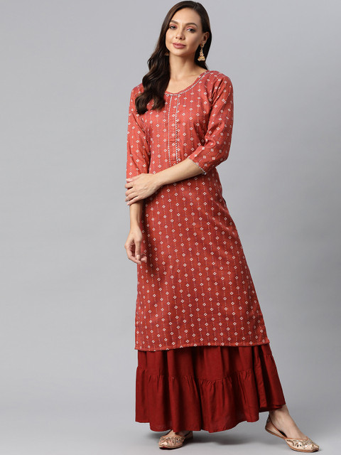 

Fashion FRICKS Women Maroon & White Ethnic Motifs Printed Kurta