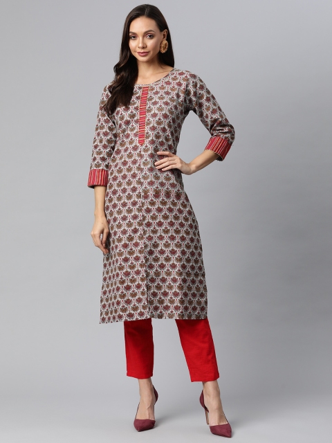 

Fashion FRICKS Women Grey & Maroon Ethnic Motifs Printed Kurta