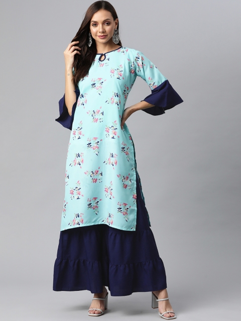 

Fashion FRICKS Women Blue & Pink Floral Printed Bell Sleeves Kurta