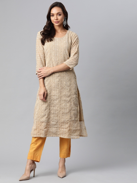 

Fashion FRICKS Women Mustard Yellow & Grey Ethnic Motifs Embroidered Kurta