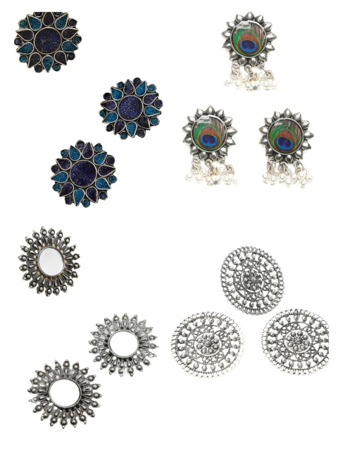 

NEUDIS Set Of 4 Silver-Toned & Green Earrings & Finger Ring Jewellery Set