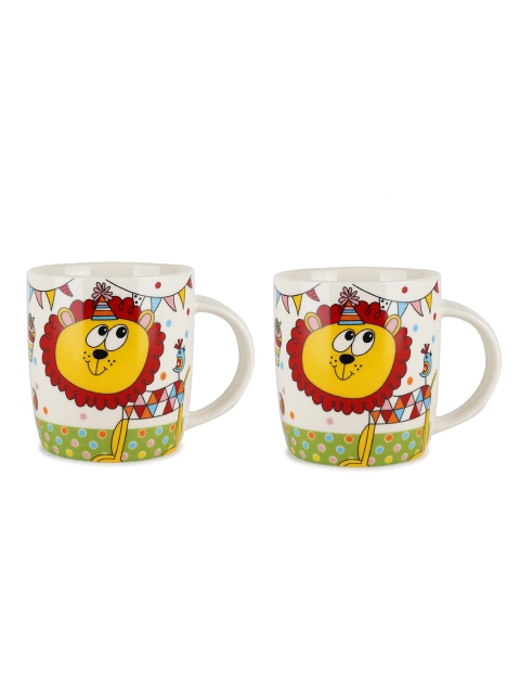 

ZEVORA White & Yellow Printed Glossy Set Of 2 Ceramic Coffee Mugs