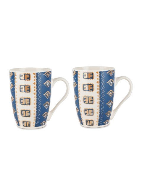 

ZEVORA White & Blue Printed Ceramic Glossy Mugs Set of 2 Coffee Mugs