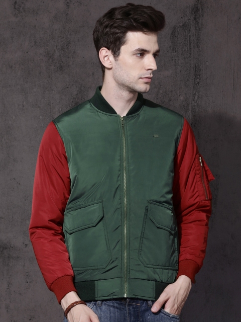 

Roadster Men Olive Green & Red Solid Bomber Jacket