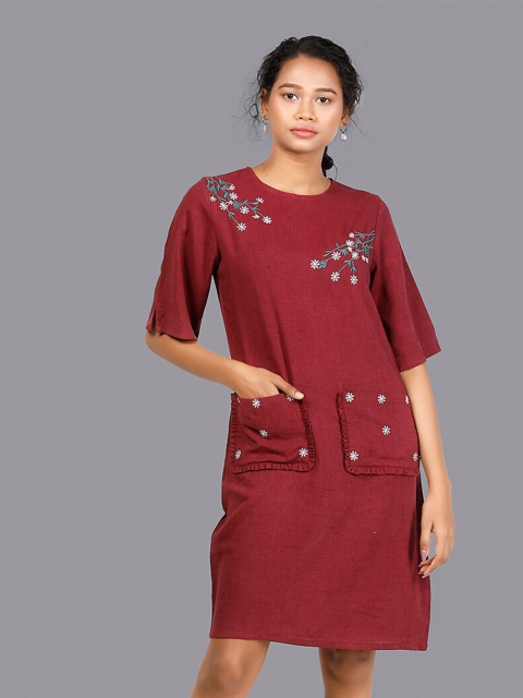 

RENTIYO Maroon & White Floral Embroidered Organic Cotton A-Line Dress