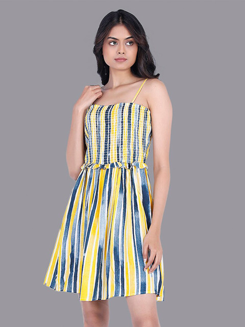 

RENTIYO Women Yellow & Blue Striped Shoulder Straps Organic Cotton Dress