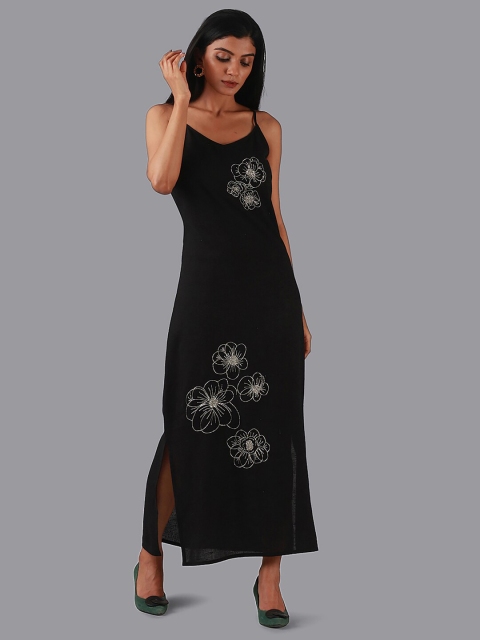

RENTIYO Women Black Floral Embroidered Organic Cotton Maxi Dress