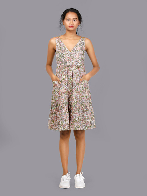 

RENTIYO Cream & Green Floral Organic Cotton A-Line Dress