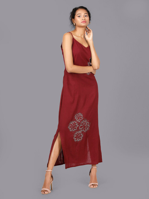 

RENTIYO Women Burgundy Organic Cotton Maxi Dress