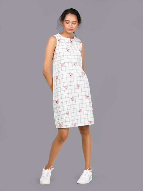

RENTIYO White Checked Organic Cotton A-Line Dress