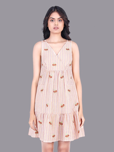 

RENTIYO Peach-Coloured Striped Organic Cotton A-Line Dress