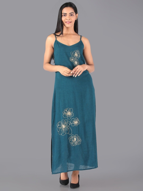 

RENTIYO Women's Green Floral Embroidered Organic Cotton Maxi Dress